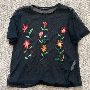 Zara Trafaluc Sheer Black Embroidered T Sz M